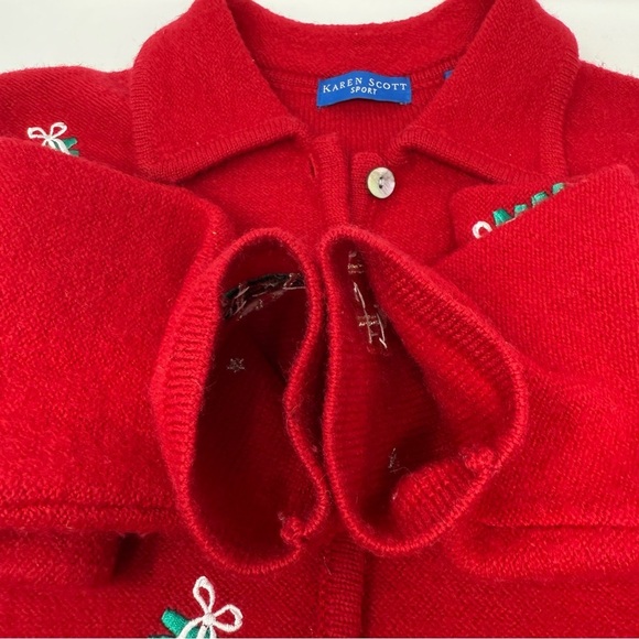 Karen Scott Red Wool Embroidered Holiday Gifts Bows Button Cardigan Sweater Med - Picture 12 of 14